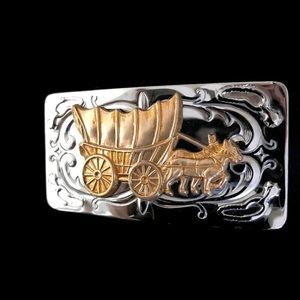 Vintage western stagecoach belt buckle silver brass